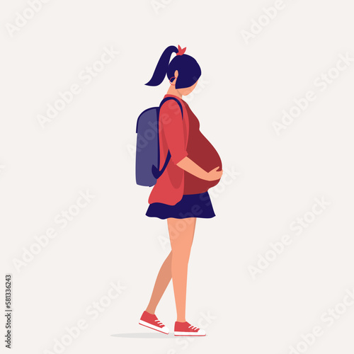 One Sad Pregnant Teenage Girl With Backpack And Face Looking Down Walking To School. Full Length. Flat Design Style, Character, Cartoon.
