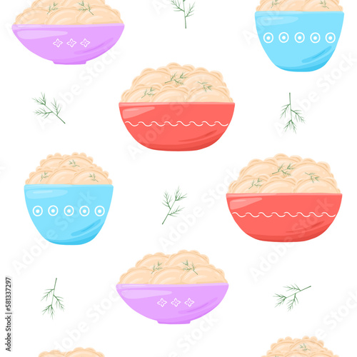 Seamless pattern with varenyky dumpling pierogi in plate