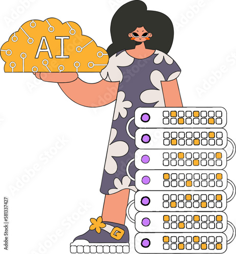 ﻿Girl grasping AI brain, vector art. photo