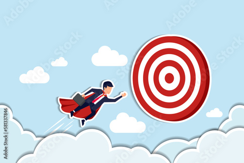 professional businessman aiming and reach business goal, work achievement, cooperation to success, leadership or challenge concept, business people superhero fly to reach target bullseye. Paper Cut