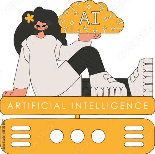 ﻿Girl hldng AI brain, vect. illus.