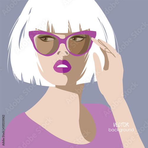 art portrait of beautiful young woman with sunglasses; fashion flat isolated vector; glamour girl model; illustration in trendy colors; white short hairstyle for the evening, wedding