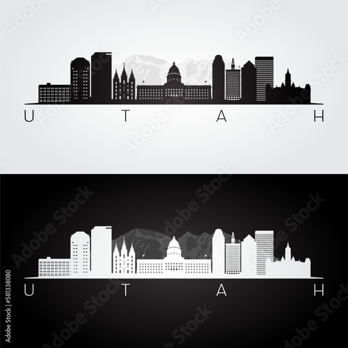 Utah state skyline and landmarks silhouette, black and white design. Vector illustration.