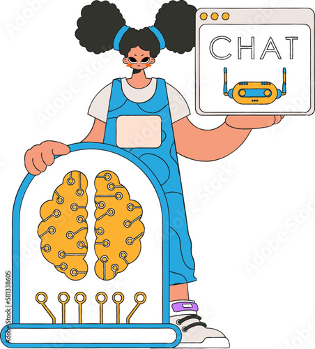 ﻿Girl conversing with AI in her hands, vector art. photo