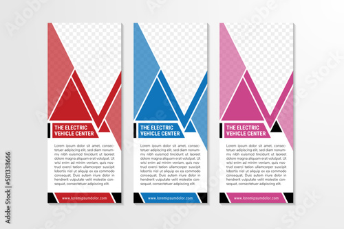 Vector the electric vehicle center banner template. white background for digital vertical poster, flyer, booklet, brochure, web design. Editable graphic in blue, pink and red. triangle photo space