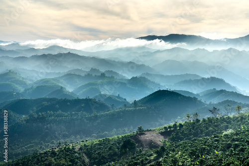 Fanciful scenery of an early morning when the sun rises over the Dai Lao mountain range  Bao Loc district  Lam Dong province  Vietnam