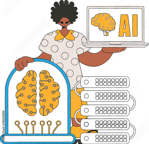 ﻿Illustration of a man holding a server, with AI capabilities. photo