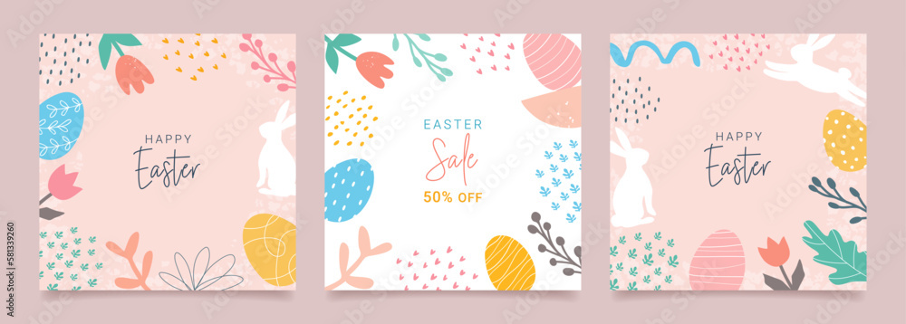 Happy Easter. Set of banners, greeting cards, posters, holiday covers. Modern abstract design with typography, doodles, eggs and bunny, organic nature shapes. Trendy minimalist style.