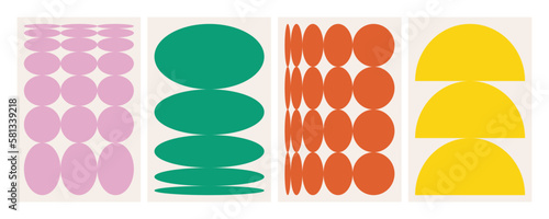 Naive playful abstract shapes backgrounds. Brutal contemporary figure circle oval wave patterns. Geometric posters in trendy retro brutalist style. Swiss design aesthetic.