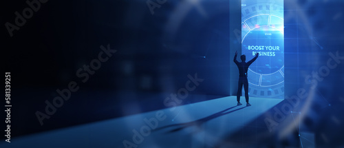 Business, Technology, Internet and network concept. Young businessman shows the word: Boost your business. 3d illustration