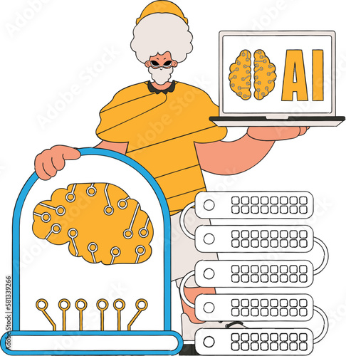 ﻿A human gripping a device featuring Artificial Intelligence, illustrated through a vector. photo