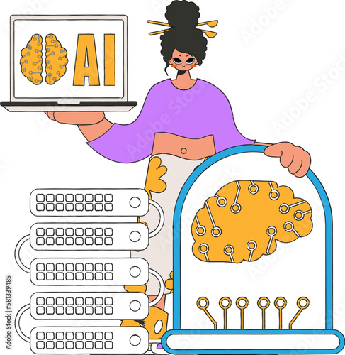 ﻿Girl with server, powered by artificial intelligence. Vector illustration. photo