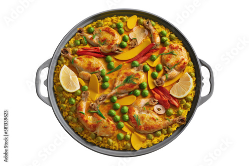 Paella on isolated transparent background, png. Generative AI