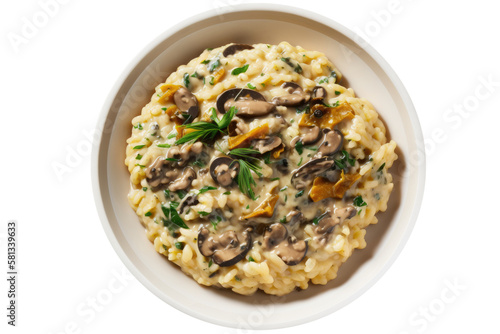 Vegan mushroom risotto on isolated transparent background, png. Generative AI