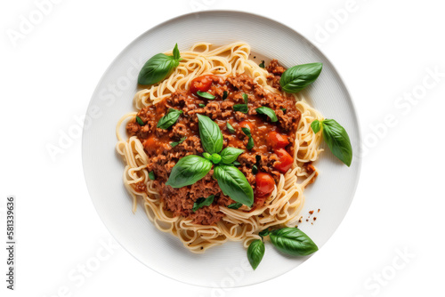 Vegan spaghetti bolognese on isolated transparent background, png. Generative AI photo
