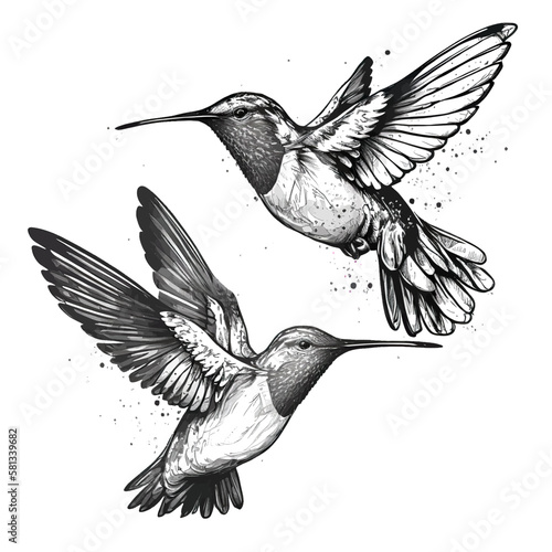 Two flying Colibri birds, isolated in white background, vector illustration.