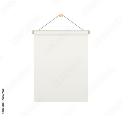 Empty white rectangle bunting pennant. Hanging realistic pennant or flag with rope. Bunting flag mock up. Blank realistic template. Vector illustration isolated on white background.