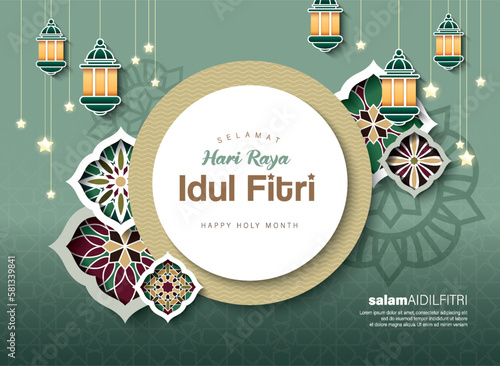 Islamic festival poster background design, paper graphic of islamic decorations and lanterns. Suitable for Ramadan Kareem, Hari Raya, Eid Mubarak, Eid al Adha.