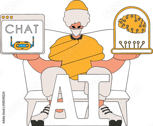﻿Illustration of a man conversing with AI held in his hands.