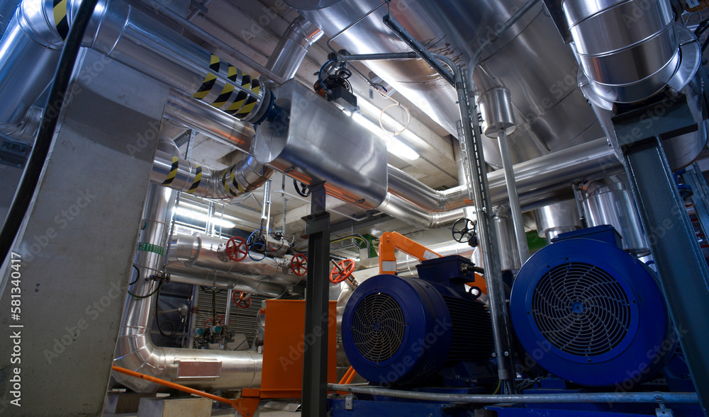 Fototapeta premium different size and shaped pipes and valves at a power plant