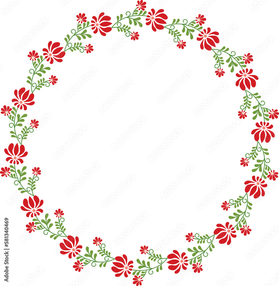 Vector hand drawn wreath. Round floral frame of branches with red flowers. Vector hand drawn wreath. Round floral frame of branches with red flowers.