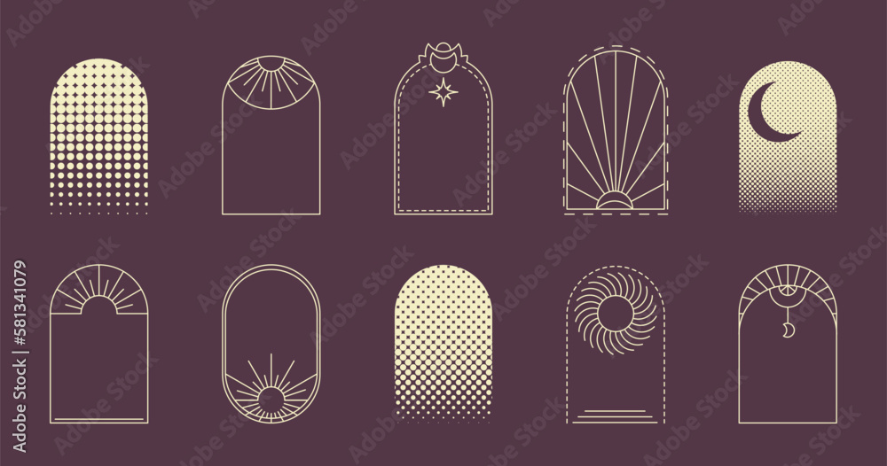 Boho magic line arch frame vector set. Minimal linear style arc, oval ...