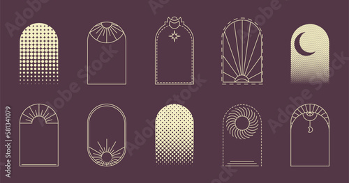 Boho magic line arch frame vector set. Minimal linear style arc, oval shape design elements for logo, emblem, social media