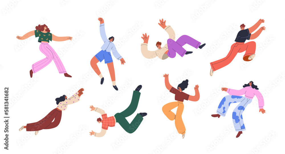 Happy flying, floating characters set. Young people soaring in funny poses. Fun and joy, positive energy, freedom and inspiration. Flat graphic vector illustrations isolated on white background