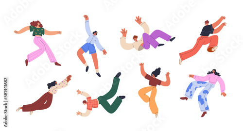 Happy flying, floating characters set. Young people soaring in funny poses. Fun and joy, positive energy, freedom and inspiration. Flat graphic vector illustrations isolated on white background