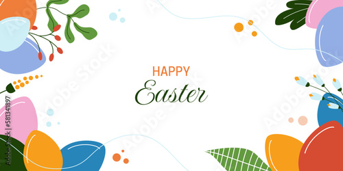 Happy Easter greeting card, banner, poster. Easter holiday background design with eggs, flowers, leaves. Colorful flat vector illustration in modern minimal style