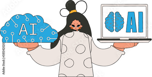 ﻿Girl holds AI brain, vector art.