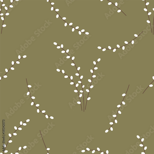 Pussy willow branches seamless pattern. Easter spring floral texture. Palm Sunday repeating background. Flat vector illustration