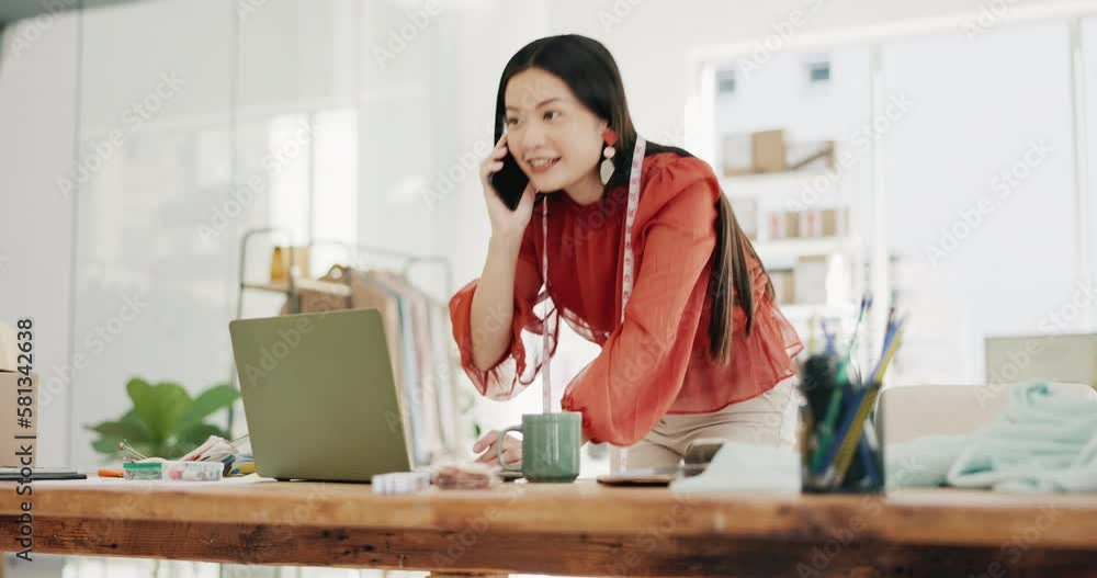 Phone call, laptop and ecommerce with a designer asian woman at work in her fashion office for creative style. Contact, order and design with a female employee talking on her mobile for retail Phone call, laptop and ecommerce with a designer asian woman at work in her fashion office for creative style. Contact, order and design with a female employee talking on her mobile for retail