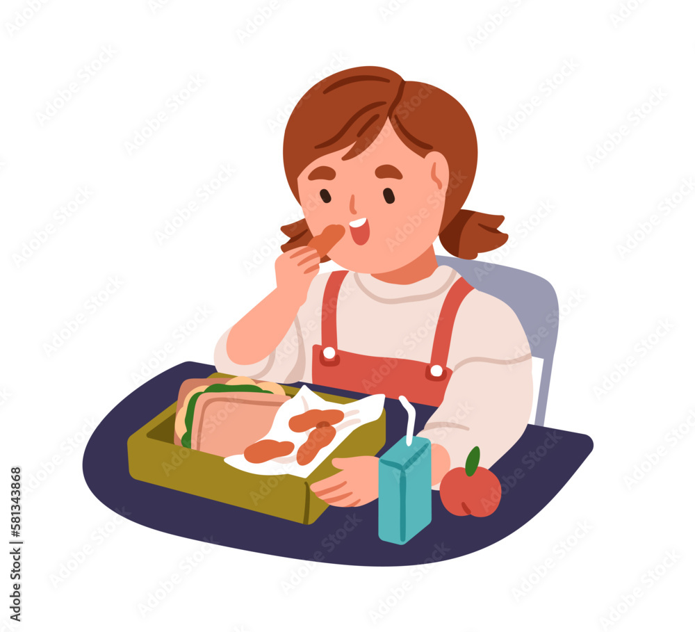 Kid eating homemade food in lunchbox. Happy child having healthy meal