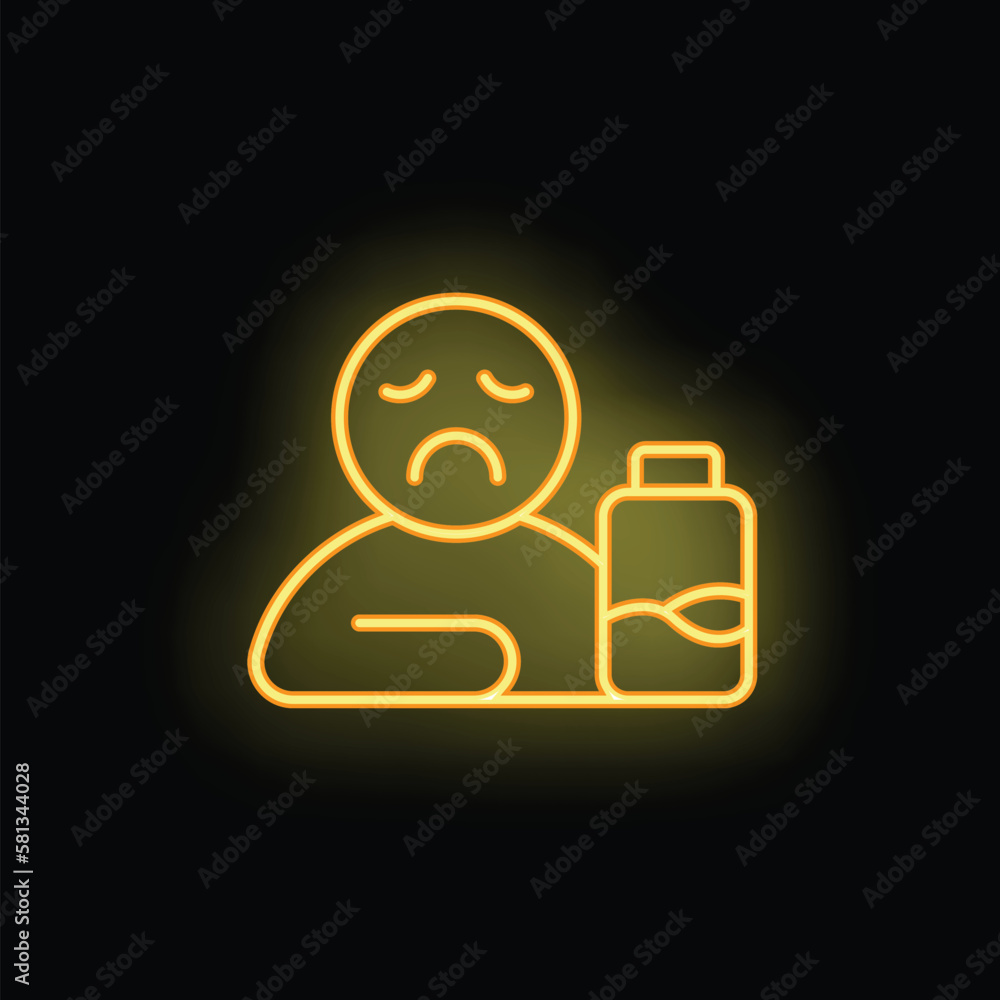 Low battery person icon outline vector. Work burnout. Mental tired neon color isolated on black