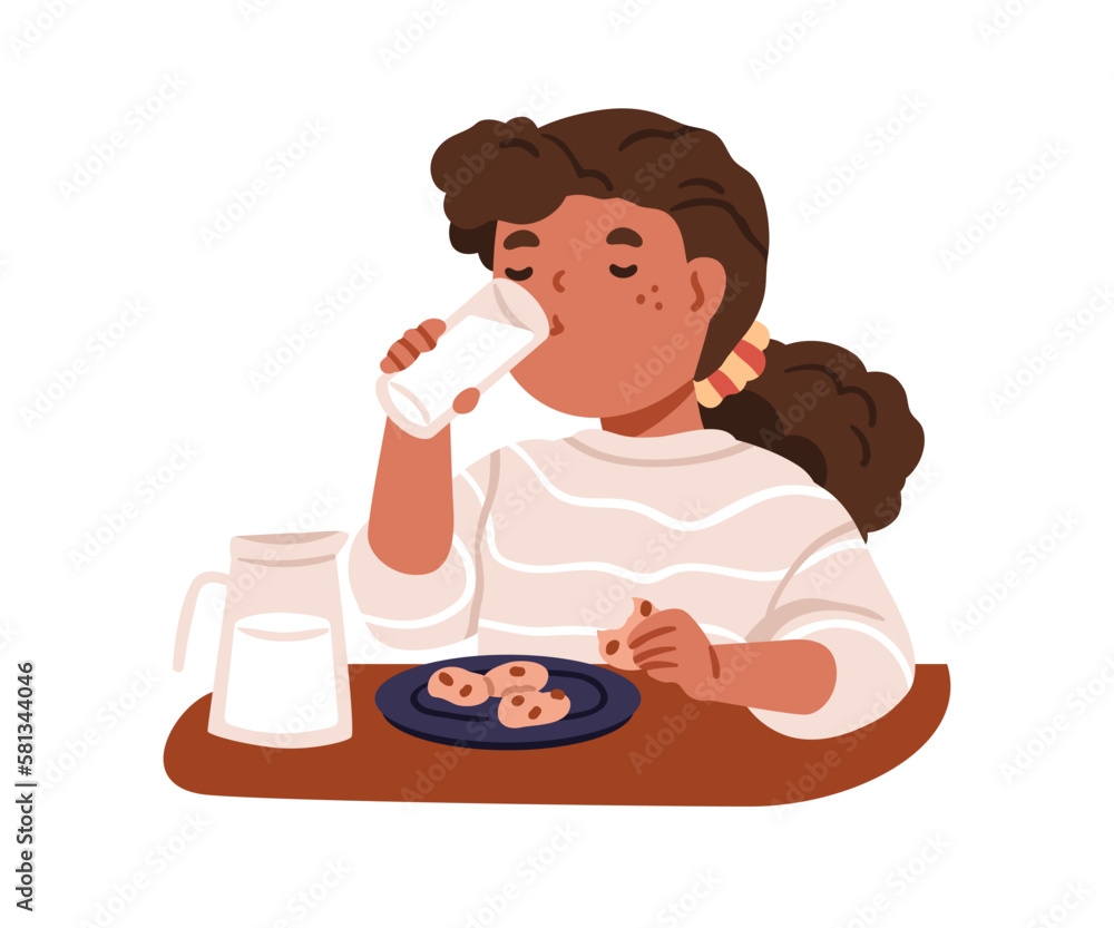 Kid eating cookies, drinking milk from glass. Girl, little child with sweet dessert, snack. Hungry schoolkid having meal, breakfast at table. Flat vector illustration isolated on white background Kid eating cookies, drinking milk from glass. Girl, little child with sweet dessert, snack. Hungry schoolkid having meal, breakfast at table. Flat vector illustration isolated on white background