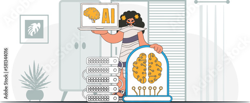 ﻿Girl confidently showing off an AI brain in her arms, drawn in a modern style. Vector art.