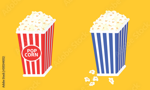 Two popcorn boxes with the word popcorn on them. Blue and red packs of popcorn. Vector illustration.
