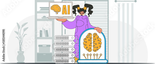 ﻿Girl in trendy style holds AI brain, vector illustration photo