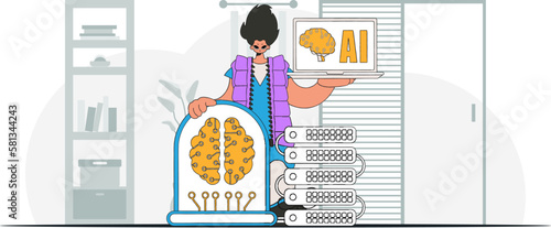 ﻿Man sporting AI brain, fashionable look, vector image.