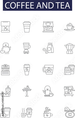 Coffee and tea line vector icons and signs. Tea, Brewing, Espresso, Latte, Roast, Frappe, Cappuccino, Mocha outline vector illustration set