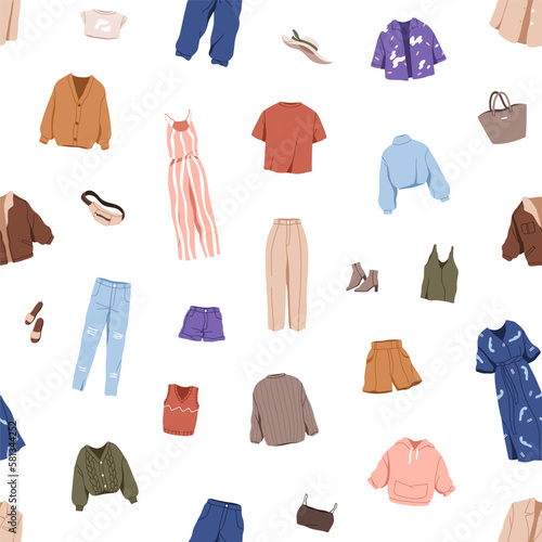 Fashion women clothes, seamless pattern. Modern female apparels, repeating print. Endless background design, spring and summer accessories, casual wearings. Colored flat vector illustration for fabric