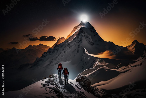 two people climbing a mountain. Generative AI