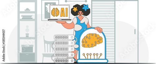 ﻿Girl holding AI-powered brain, in a fashionable style, illustrated in vector.