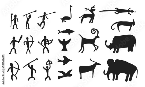 Cave painting prehistoric rock art hand drawn sketch style vector illustration set. Rock age cave paintings set with prehistoric wild animals, tribal people and village buildings.