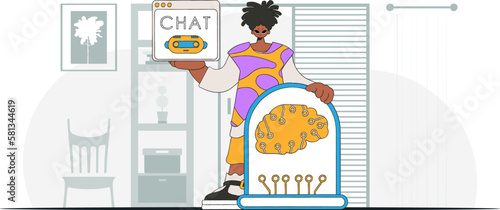 ﻿A trendy vector illustration of a man holding an AI brain.