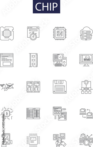 Chip line vector icons and signs. Chips, Computer, Circuit, Silicon, Card, Credit, Security, Processor outline vector illustration set