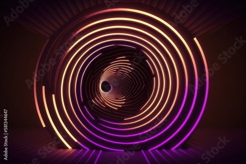 A dark room with a glowing tunnel and lights cyberpunk style