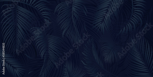 Blue palm tree leaves on dark background. Tropical palm leaves, floral pattern vector illustration.