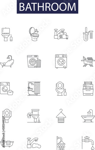 Bathroom line vector icons and signs. Shower, Toilet, Taps, Towel, Mirror, Vanity, Floor, Sink outline vector illustration set